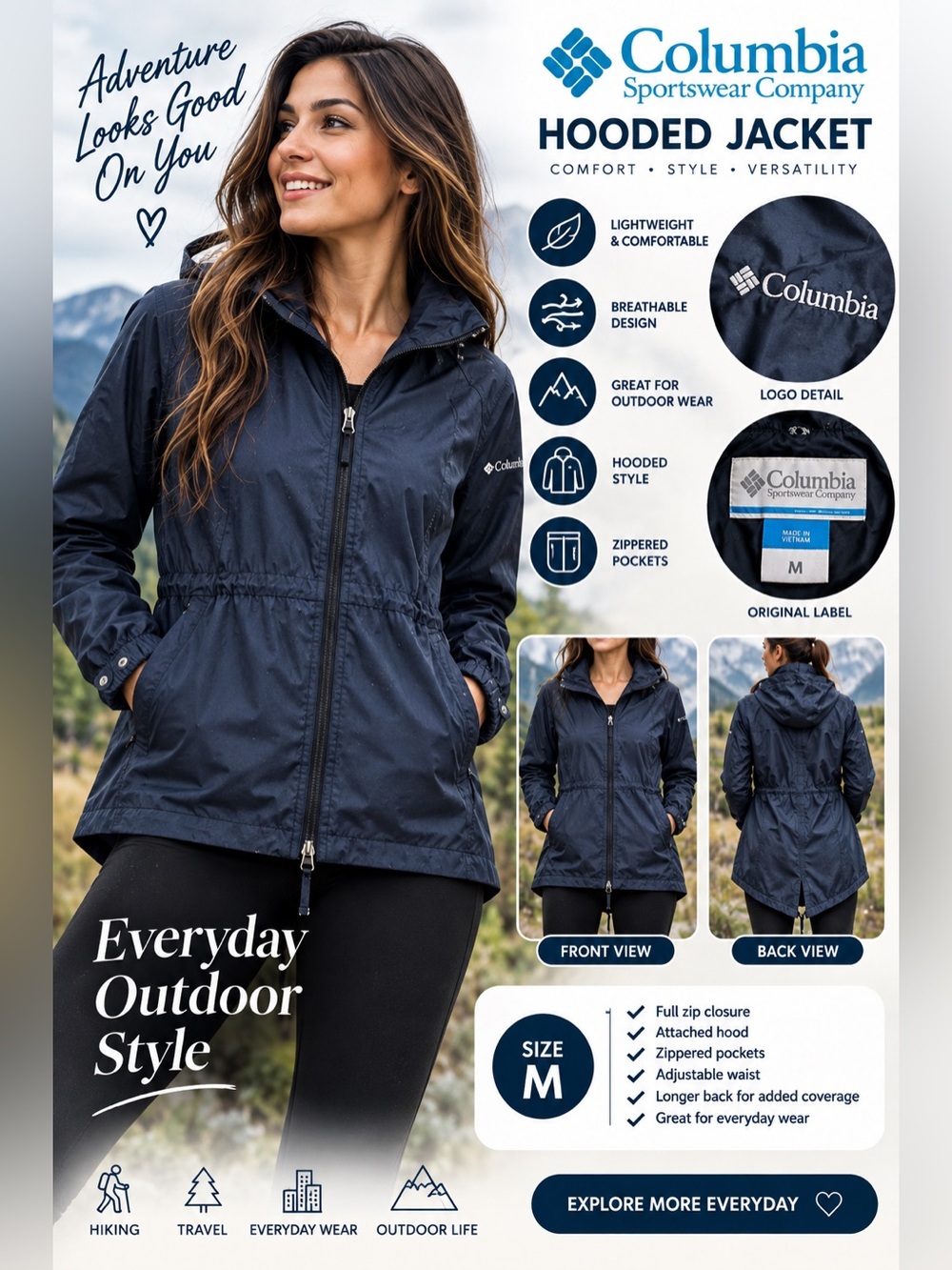 Columbia Hooded Full Zip Windbreaker Jacket Adjustable Waist Blue Womens M